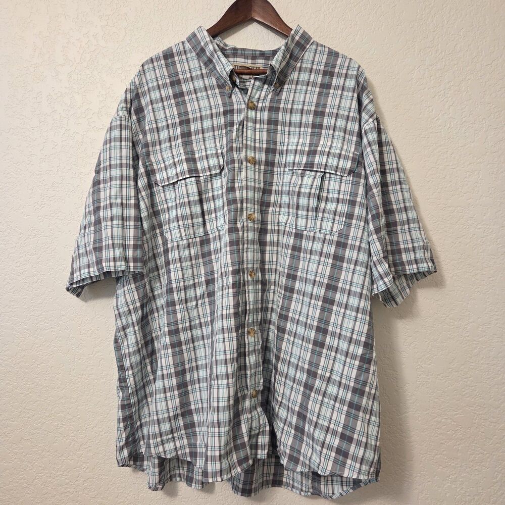 Duluth Trading Shirt Mens 3XL Gray Teal Plaid Button Up Performance